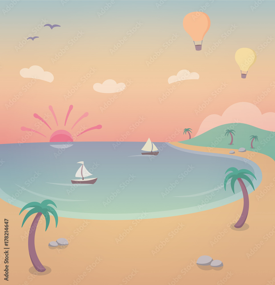Tropical Island Paradise Sunset - illustration with a tropical island, palm trees, beach and boats sailing on the calm ocean.