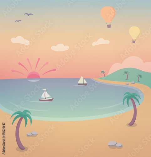 Fototapeta Naklejka Na Ścianę i Meble -  Tropical Island Paradise Sunset - illustration with a tropical island, palm trees, beach and boats sailing on the calm ocean.