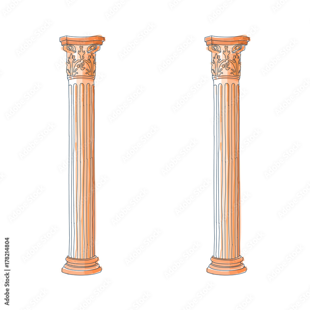 Obraz premium Stylized Greek doodle column Doric Ionic Corinthian columns. Vector illustration. Classical architectural support