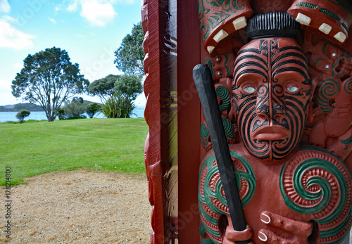 Entrance carving at Maori war canoe house
