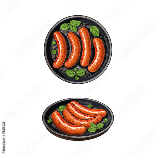 Top view, side view pictures of four freshly grilled, barbequed sausages on frying pan, sketch vector illustration on white background. Realistic hand drawing of grilled, fried sausages on frying pan