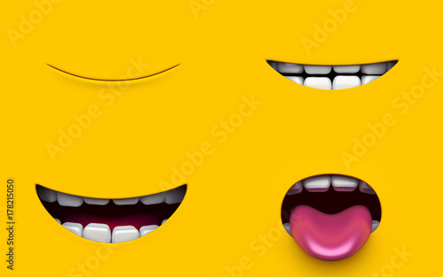 Set Mouth of character on a yellow background. Mimicry face of a cartoon little man. 3d render.