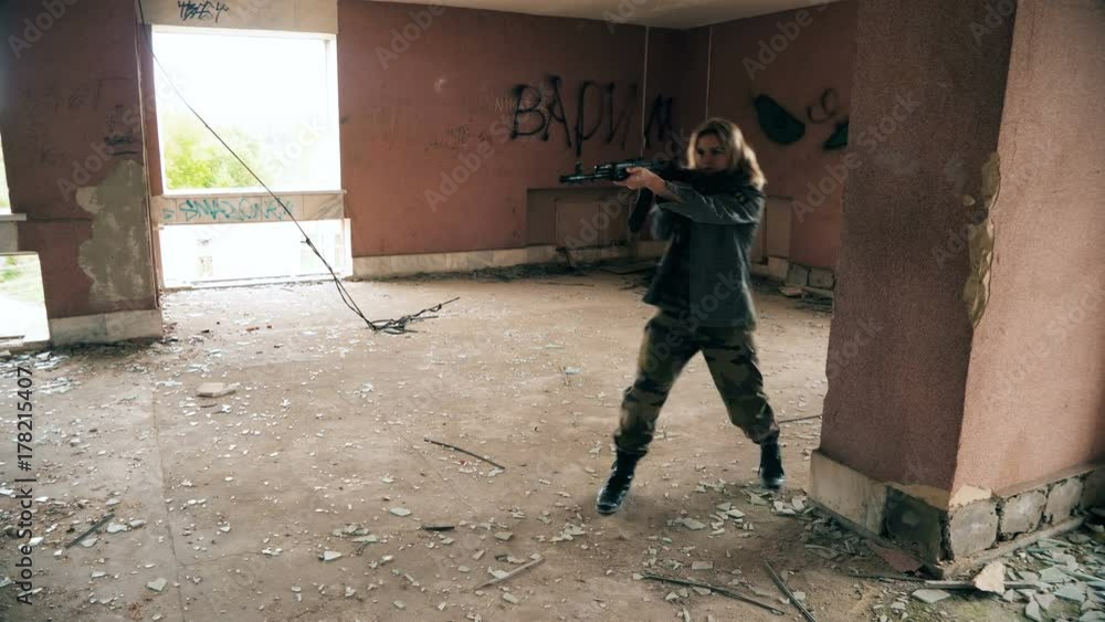 Young attractive military woman holding automatic rifle and looking at camera. Young attractive military woman holding automatic rifle and looking at camera.