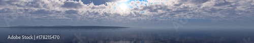 Panorama of sunset at sea, ocean sunrise, sun in clouds over water, banner, 3D rendering
