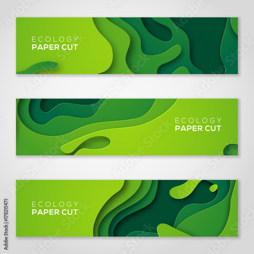 Horizontal banners set, green paper cut shapes.