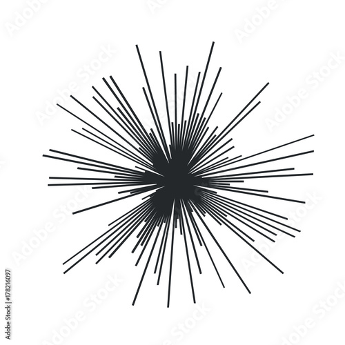 Sun burst, star burst sunshine. Radiating from the center of thin beams, lines. Design element for logo, signs. Dynamic style.