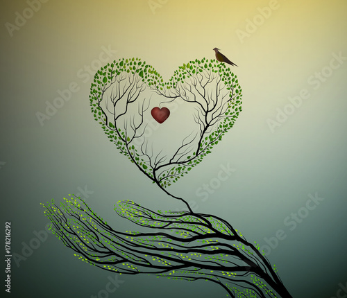 heart of nature, treelike hand hold green heart, protect forest concept,
