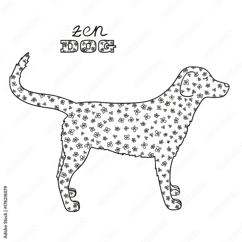 Dog. Boho style. Hand drawn dog with abstract patterns on isolation background. Design for spiritual relaxation for adults. Black and white illustration for coloring. Design Zentangle. Zen art Dog. Boho style. Hand drawn dog with abstract patterns on isolation background. Design for spiritual relaxation for adults. Black and white illustration for coloring. Design Zentangle. Zen art