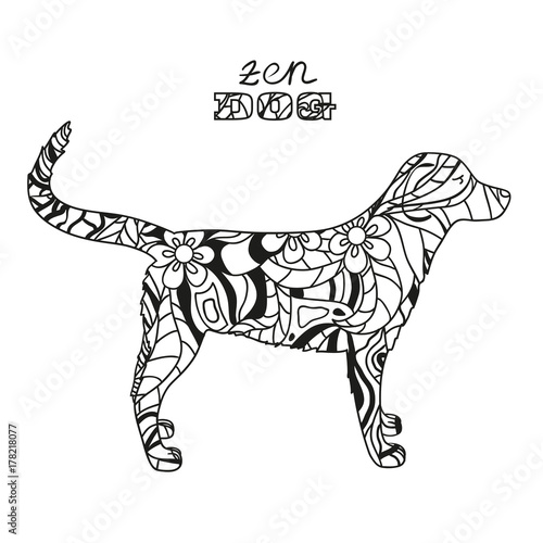 Dog. Boho style. Hand drawn dog with abstract patterns on isolation background. Design for spiritual relaxation for adults. Black and white illustration for coloring. Design Zentangle. Zen art