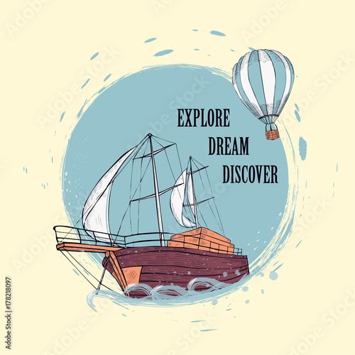 sailing yacht and air balloon. Vector. Sketch