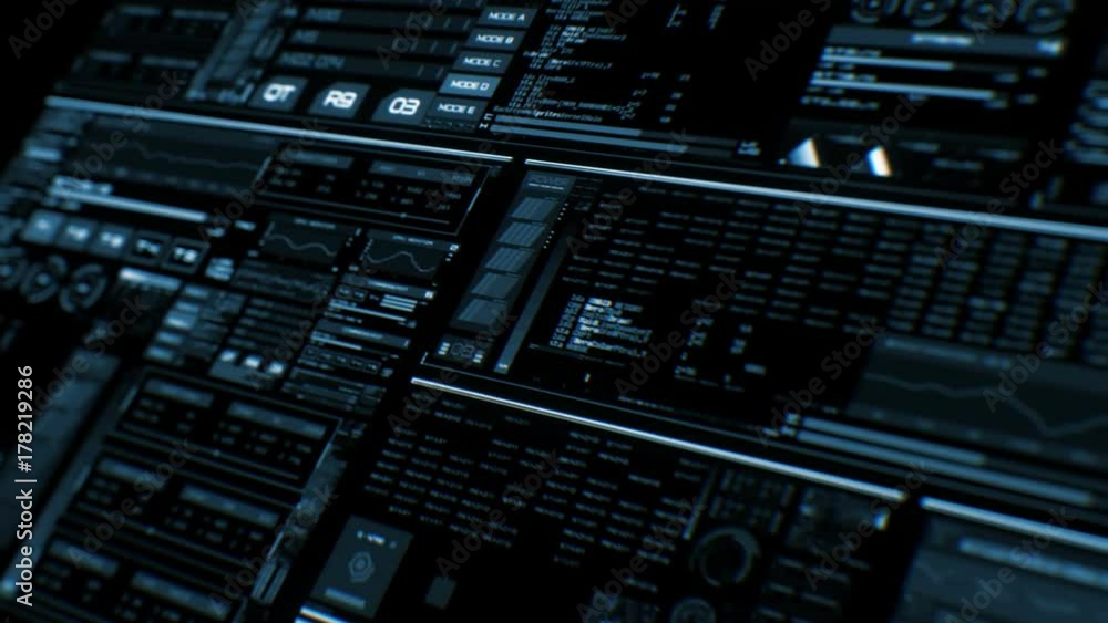 Perspective view of deep blue futuristic interface/Digital screen/Detailed abstract background. Blinking and switching indicators of command center computer,processing data, AI. Perspective view of deep blue futuristic interface/Digital screen/Detailed abstract background. Blinking and switching indicators of command center computer,processing data, AI.