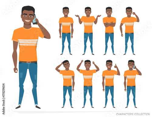 Set of emotions and gestures to the young black african american man.
