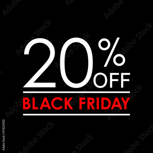 20% off. Black Friday sale and discount banner. Sales tag design template. Vector illustration.