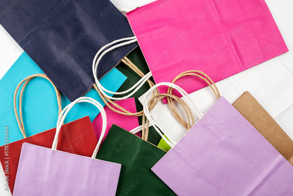 Many different color paper bags top view
