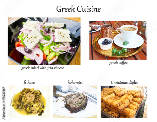 collage with greek cuisine - coffee, salad, frikase, kokoretsi, christmas diples - greek food photo collection photo