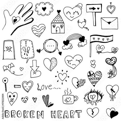 Broken heart and love heart doodle vector set