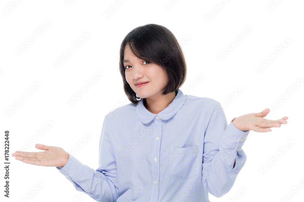 Portrait of a beautiful asian woman in a pose I do not know. Isolated on white background Portrait of a beautiful asian woman in a pose I do not know. Isolated on white background