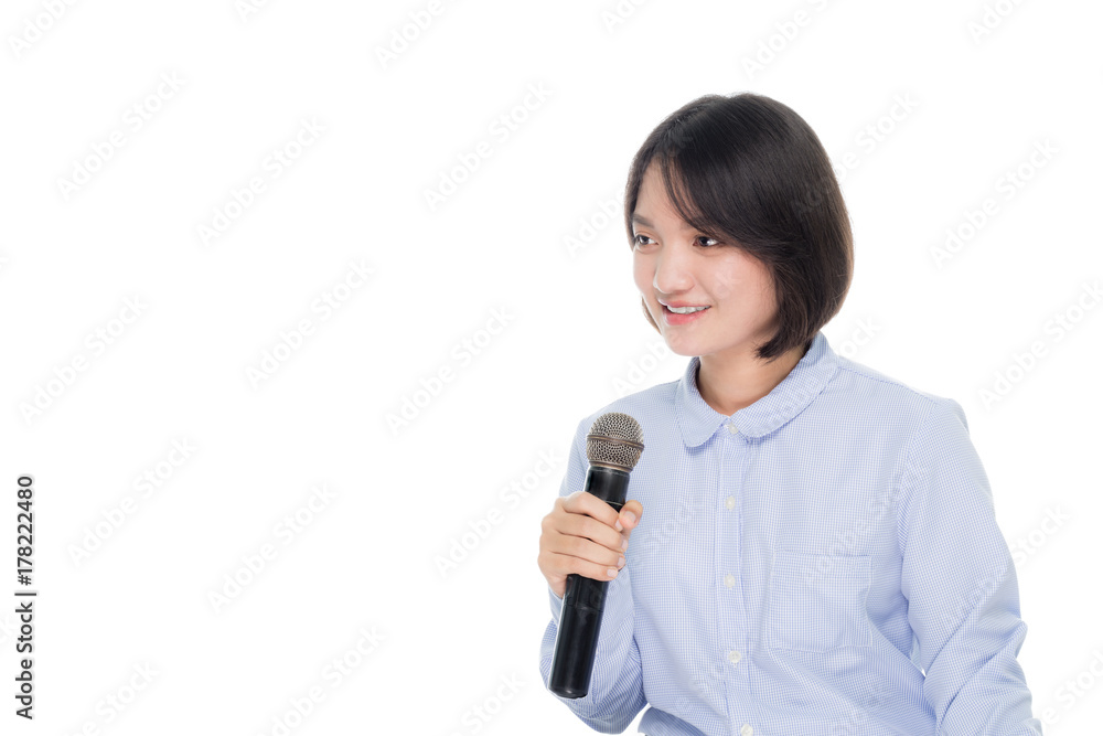 Portrait of a young business woman smiling with microphone. Isolated on white background Portrait of a young business woman smiling with microphone. Isolated on white background