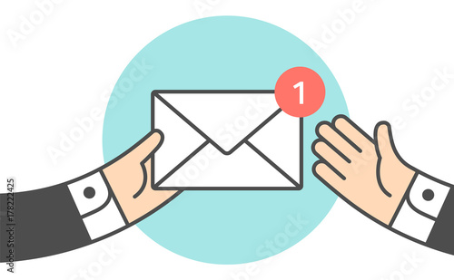 Icon of new white mail envelope. Businessman holding envelope in hand, giving envelope to businessman. Mail envelope with red marker for symbol deal, business, message, delivery. Vector Illustration
