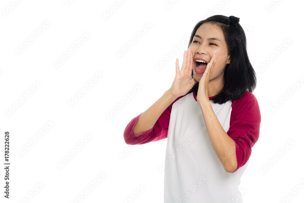 Beautiful asian woman is yellng, portrait studio on white background Beautiful asian woman is yellng, portrait studio on white background