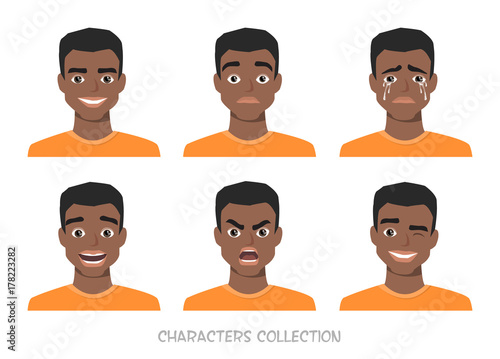 Set of emotions and gestures to the young black african american man.
