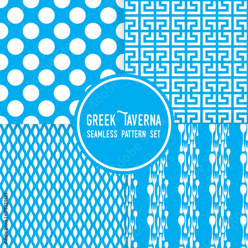 Blue greek tavern theme. Ornaments, dots and cutlery shapes. Seamless vector pattern background set.