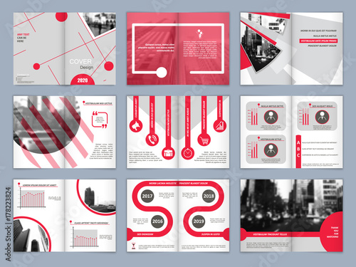 Brochure template. Book cover design. Title sheet. Abstract composition with images. Red, grey geometric shapes. Set A4 interesting vector illustration. Minimalistic. Creative. Modern. Bright.