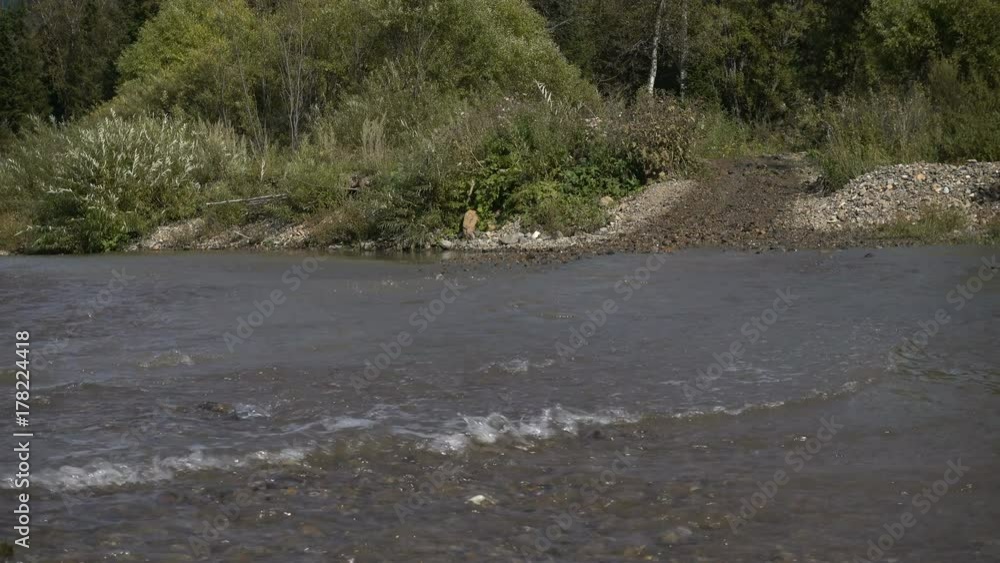 Quad crossing a river. youngman traveling on a mountain river with splashes. ATV for off-road. summer. good weather