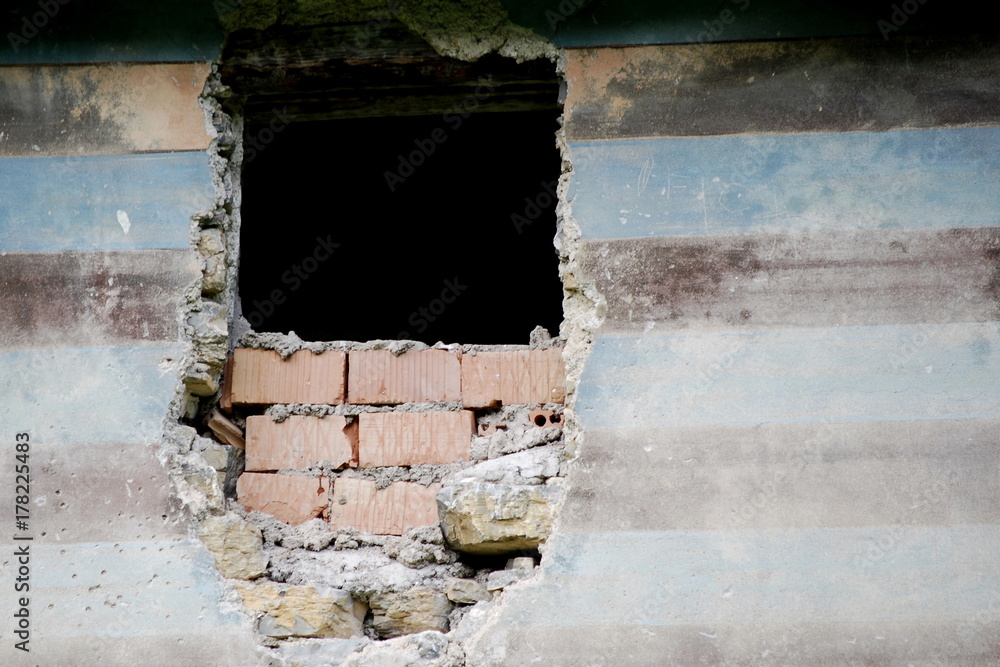 Broken window, bricks Broken window, bricks