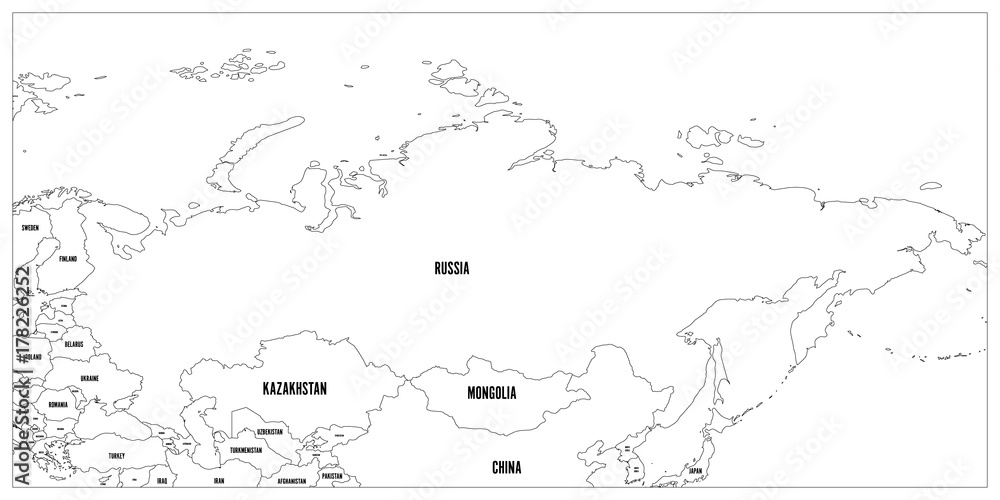 Fototapeta Political map of Russia and surrounding countries. Black thin outline on white background. Vector illustration.