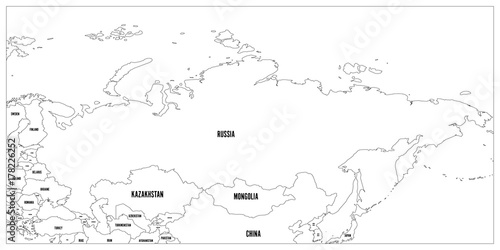 Political map of Russia and surrounding countries. Black thin outline on white background. Vector illustration.