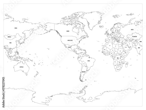 World map country border outline on white background. With country name labels. America centered map of World. Vector illustration.