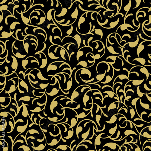 Seamless vector pattern background texture. Black and gold. Leaves