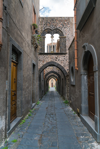 Medieval Street with four  arches Randazzo  Sicily  Italy