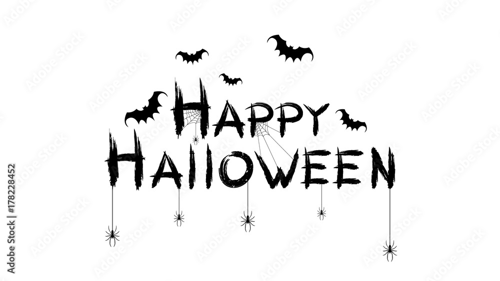 Happy halloween. Black text banner on a white background. Spiders, bats and spiderweb. Vector Happy halloween. Black text banner on a white background. Spiders, bats and spiderweb. Vector