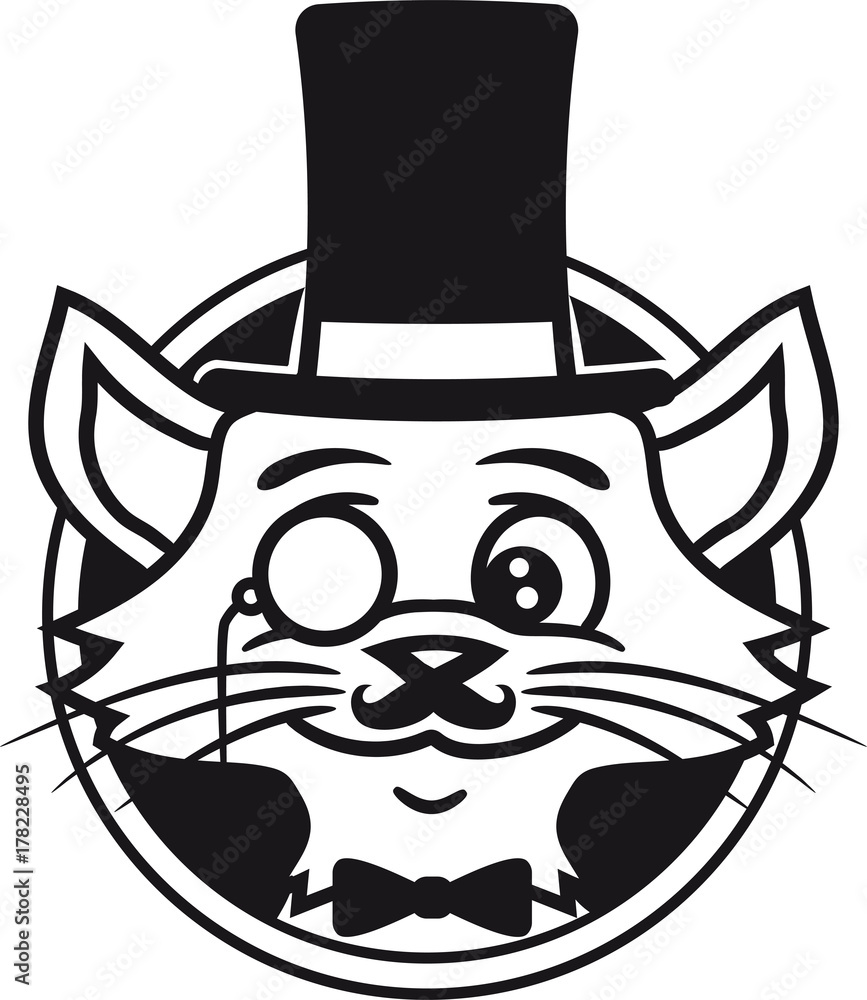 kreis logo gesicht kopf sir herr gentlemen reich mann zyinder hut monokel brille schnurrbart mustache grau hübsch süß niedlich katze kätzchen comic cartoon design haustier