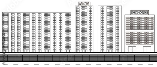 Sketch of the city landscape. Residential, road, fence, multi-storey houses, high office building. For construction, housing, real estate market, architectural design. Vector Eps10.
