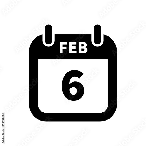 Simple black calendar icon with 6 february date isolated on white