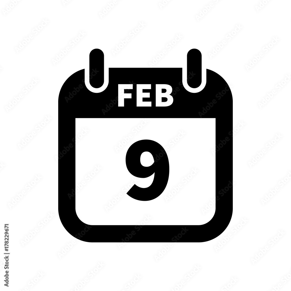 Simple black calendar icon with 9 february date isolated on white Simple black calendar icon with 9 february date isolated on white