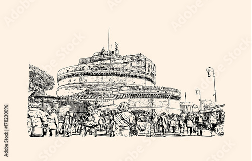 Hand drawn sketch of view of the Castel Sant' Angelo (now a national museum) in vector illustration.