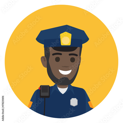 Black Police Officer with Radio Set on Shoulder