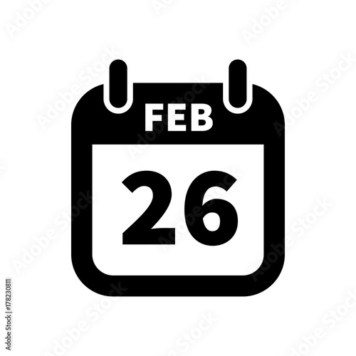 Simple black calendar icon with 26 february date isolated on white