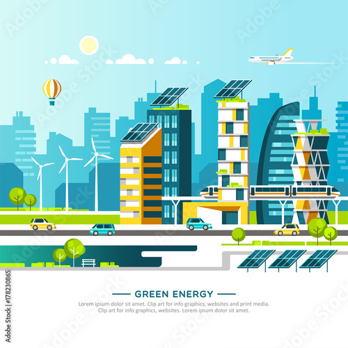 Green energy and eco friendly city. Urban landscape with modern houses and city transport. Vector illustration.