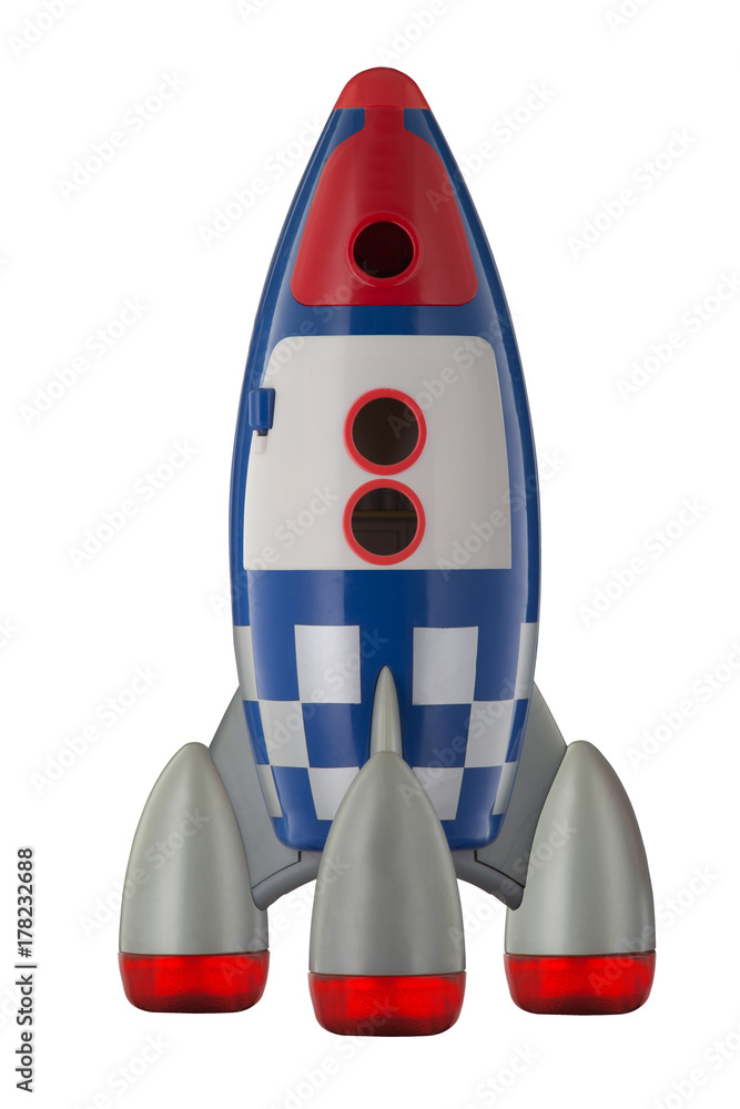 Red blue and white toy plastic childs rocket isolated on white Stock ...
