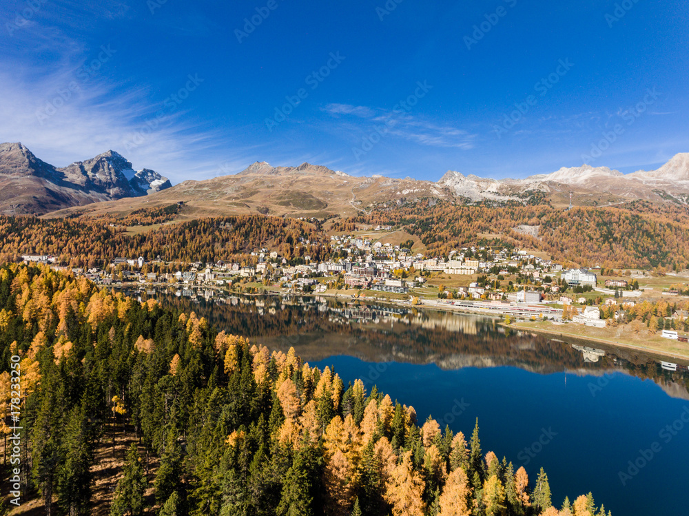 St.Moritz, panoramic view in Engadine. Lake and village in the Swiss Alps