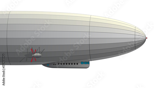 Legendary huge zeppelin airship filled with hydrogen. Stylized flying balloon. Big dirigible with propellers and rudder. Long zeppelin, white background, rigid airship. Isolated vector illustration.