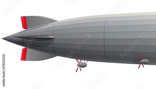 Legendary huge zeppelin airship filled with hydrogen. Stylized flying balloon. Big dirigible with propellers and rudder. Long zeppelin, white background, rigid airship. Isolated vector illustration.
