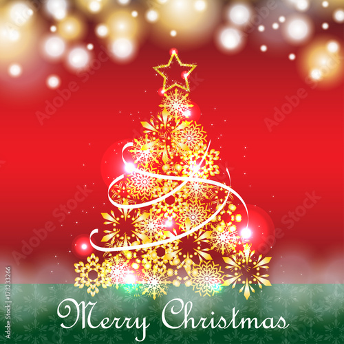 vector illustration of a golden christmas tree with snow on red background for New Year and Christmas festival greeting card
