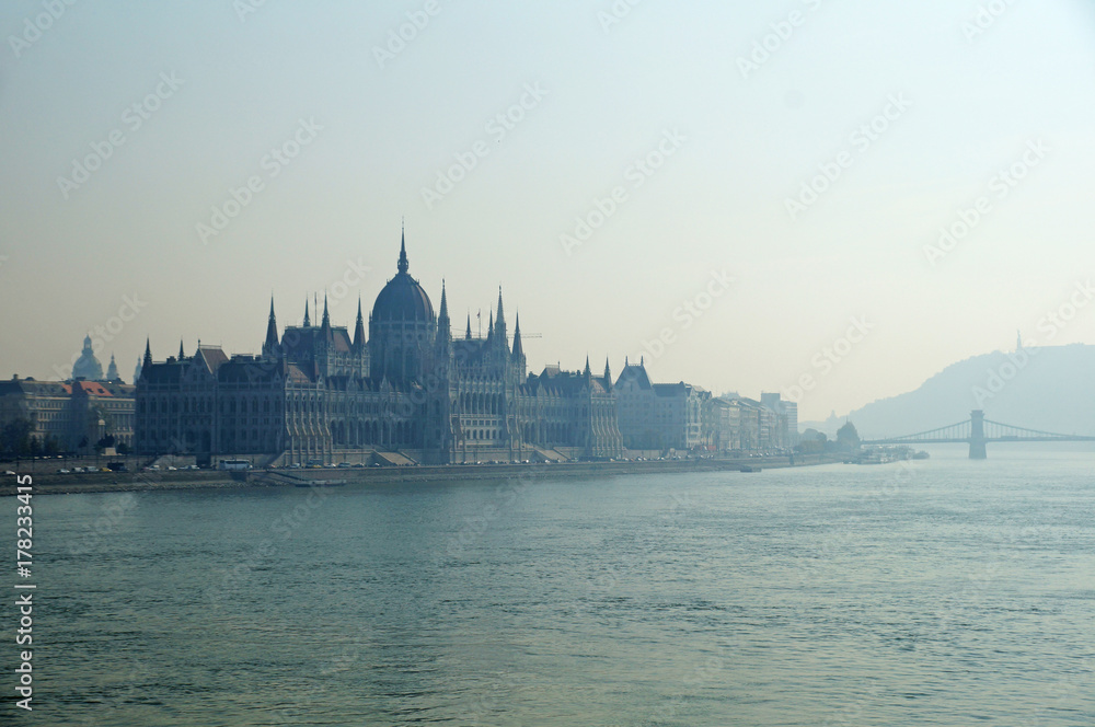 Panorama of Budapest. View of the building of the Parliament of Hungary. The Danube River.