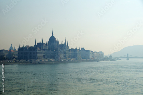 Panorama of Budapest. View of the building of the Parliament of Hungary. The Danube River. © romanklevets
